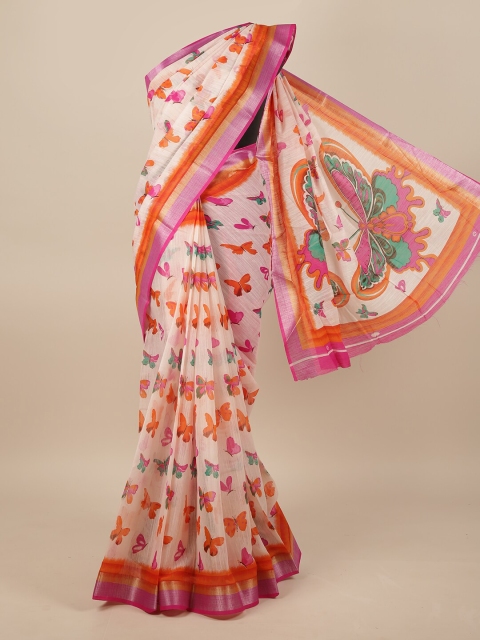 

Pothys Cream-Coloured & Pink Floral Jute Silk Saree