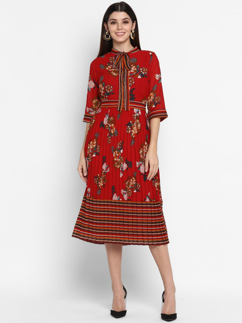 

NIZA Women Red & Brown Floral Tie-Up Neck Georgette Midi Dress