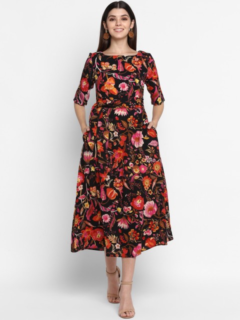 

NIZA Women Black & Red Floral Crepe Midi Dress