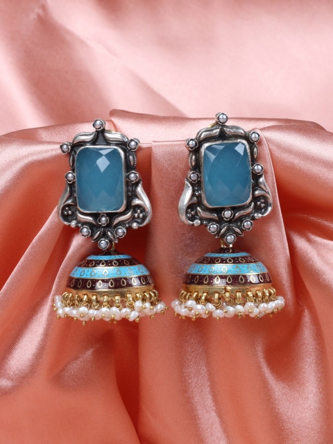 

SANGEETA BOOCHRA Silver-Plated Silver-Toned & Blue Contemporary Jhumkas Earrings