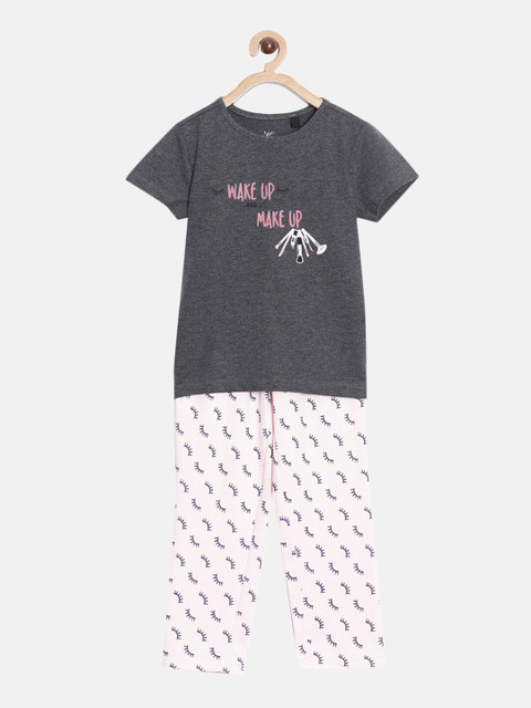 

Kryptic Girls Charcoal & Pink Cotton Printed Night suit