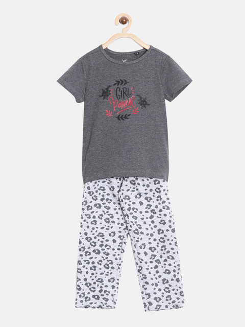 

Kryptic Girls Charcoal Grey & White Printed Night Suit