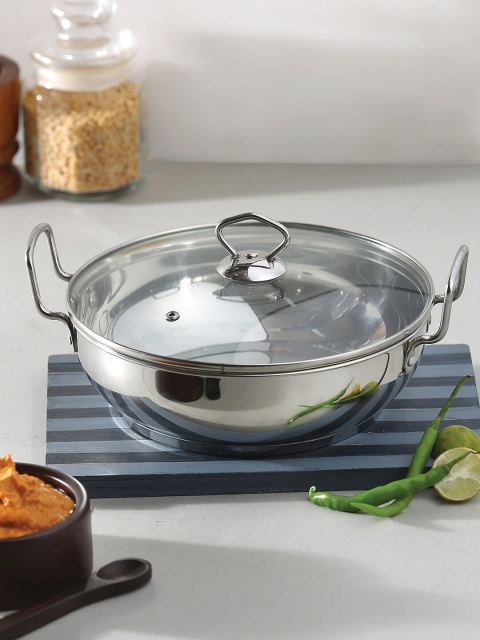 

Vinod Silver-Toned Solid Stainless Steel Kadhai With Lid