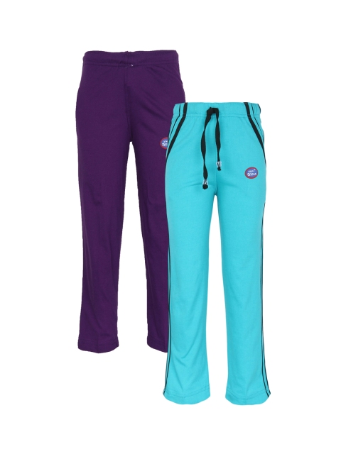 

VIMAL JONNEY Unisex Kids Pack Of 2 Purple & Turquoise Blue Solid Track Pants