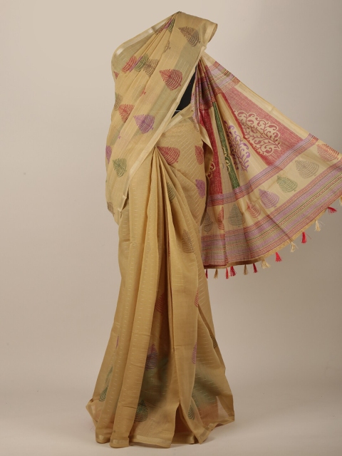 

Pothys Beige & Red Ethnic Motifs Printed Zari Saree