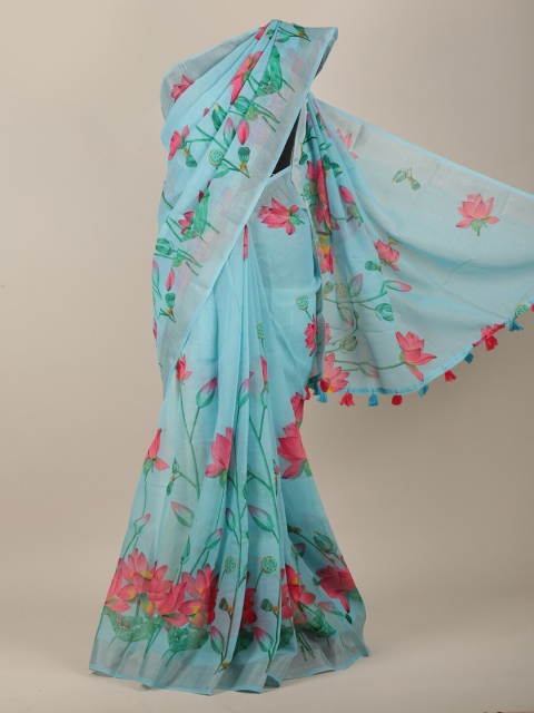 

Pothys Blue & Pink Floral Printed Linen Blend Saree