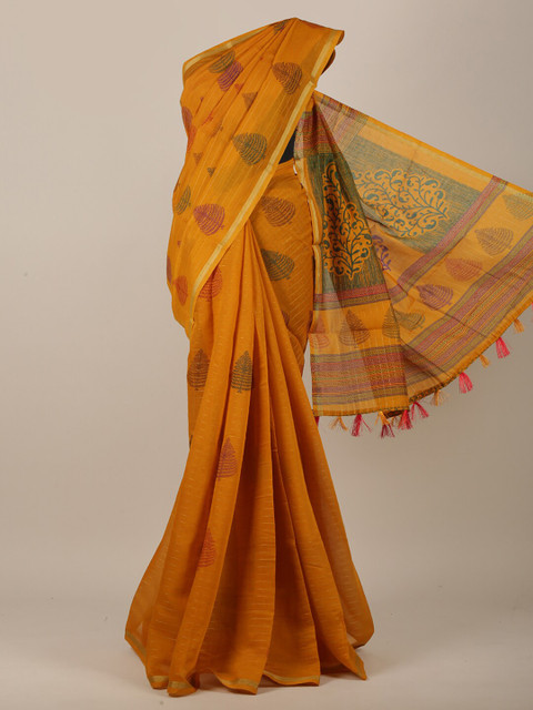 

Pothys Mustard Yellow & Red Ethnic Motifs Printed Zari Saree
