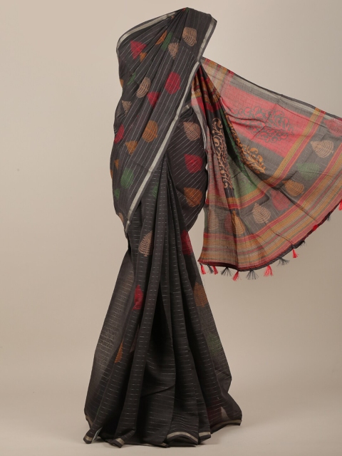 

Pothys Charcoal Grey & Red Ethnic Motifs Printed Zari Saree