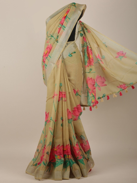 

Pothys Cream-Coloured & Pink Floral Printed Linen Blend Saree