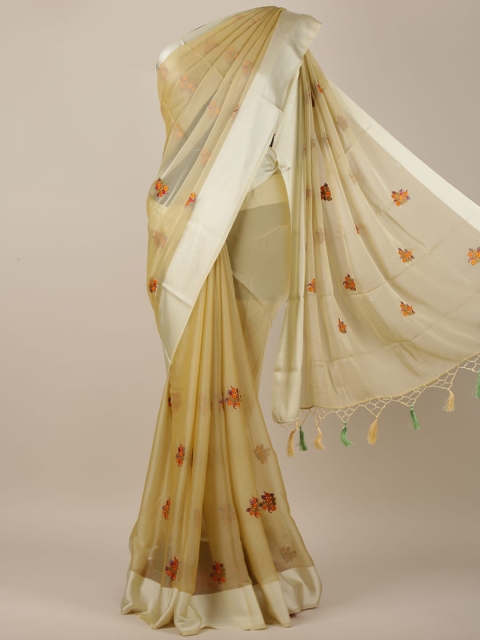 

Pothys Cream-Coloured & Silver-Toned Chiffon Floral Embroidered Saree