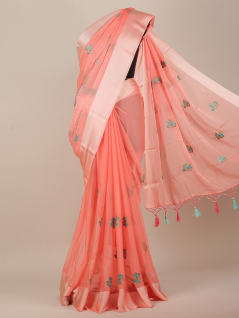 

Pothys Pink & Silver-Toned Chiffon Floral Embroidered Saree