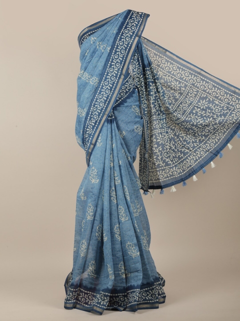 

Pothys Blue & White Cotton Blend Batik Printed Saree
