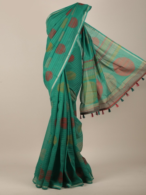 

Pothys Women Green & Silver-Toned Cotton Blend Geometric Printed Saree