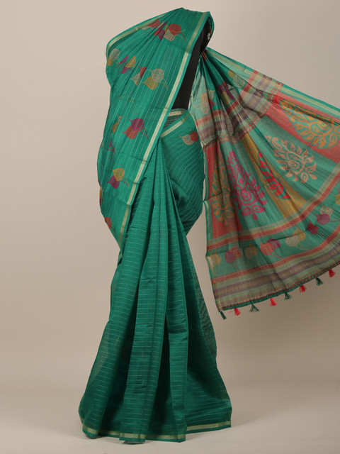 

Pothys Green & Silver-Toned Cotton Blend Floral Printed Saree