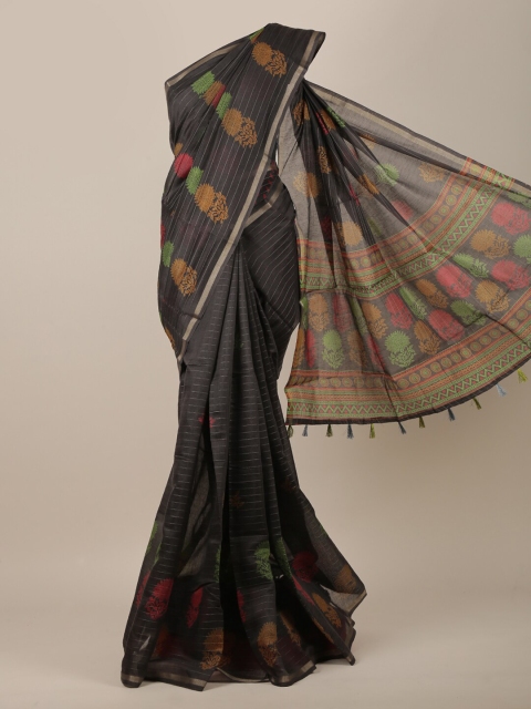 

Pothys Grey & Silver-Toned Cotton Blend Floral Printed Saree