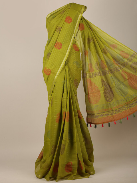 

Pothys Green & Silver-Toned Cotton Blend Paisley Printed Saree