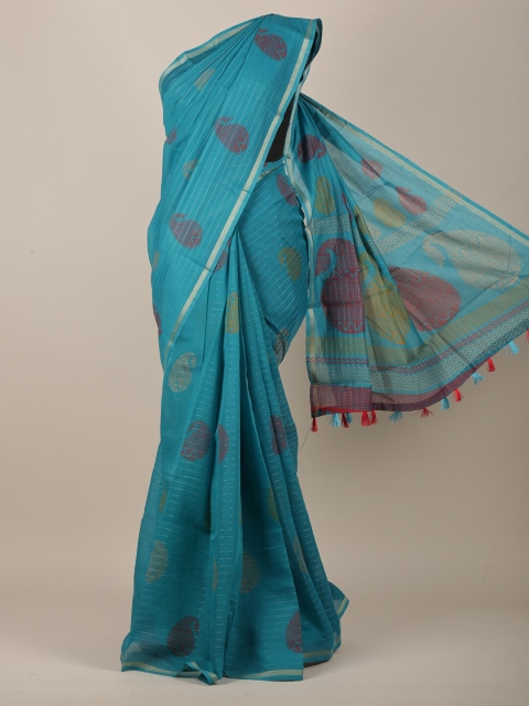 

Pothys Blue & Silver-Toned Cotton Blend Paisley Printed Saree