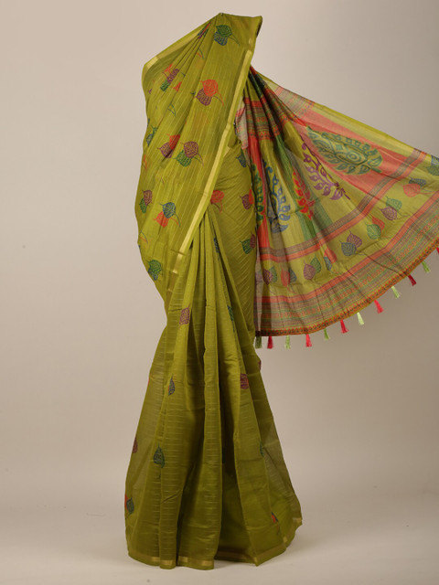 

Pothys Green & Gold-Toned Cotton Blend Floral Printed Saree