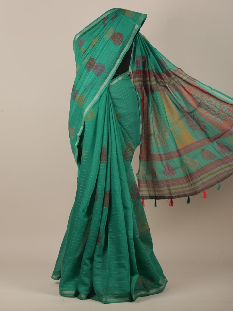 

Pothys Green & Silver-Toned Cotton Blend Floral Printed Saree