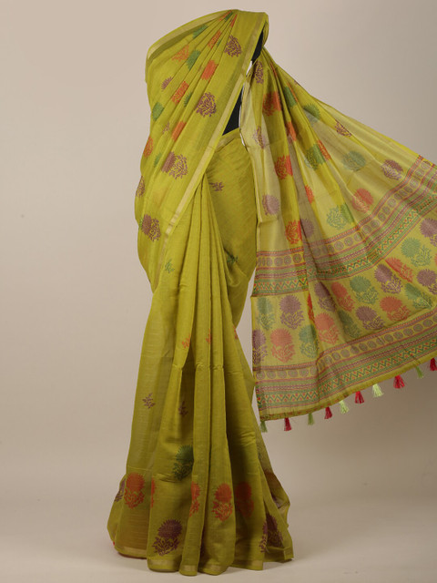 

Pothys Green & Gold-Toned Cotton Blend Floral Printed Saree
