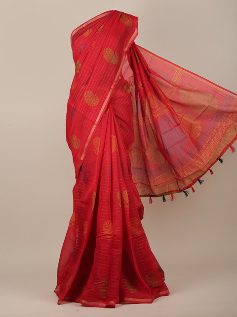 

Pothys Red & Silver-Toned Cotton Blend Paisley Printed Saree