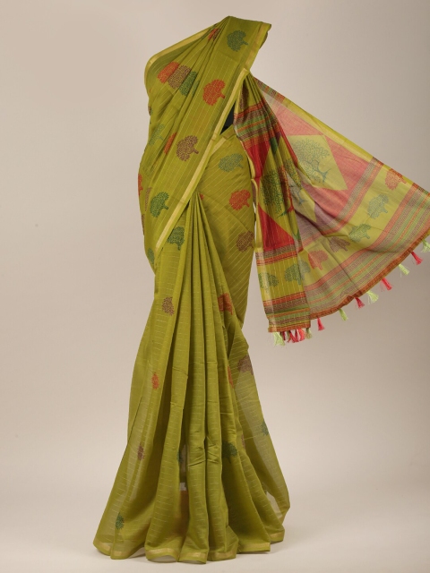 

Pothys Green & Gold-Toned Cotton Blend Floral Printed Saree