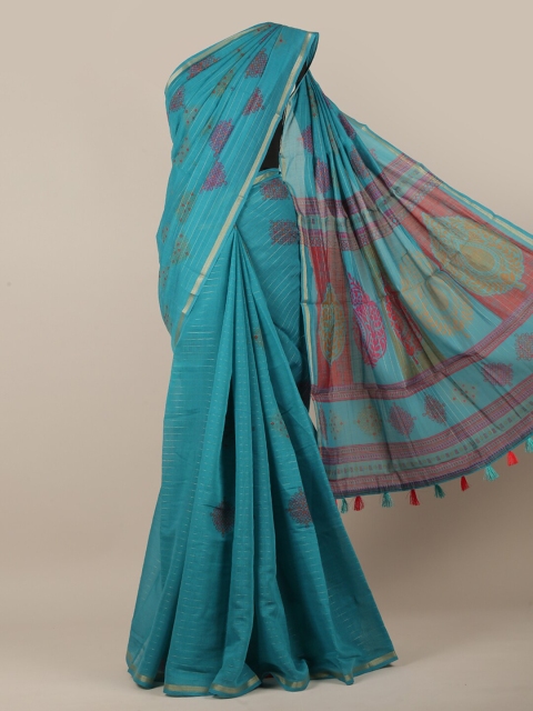 

Pothys Blue & Gold-Toned Cotton Blend Ethnic Motifs Printed Saree