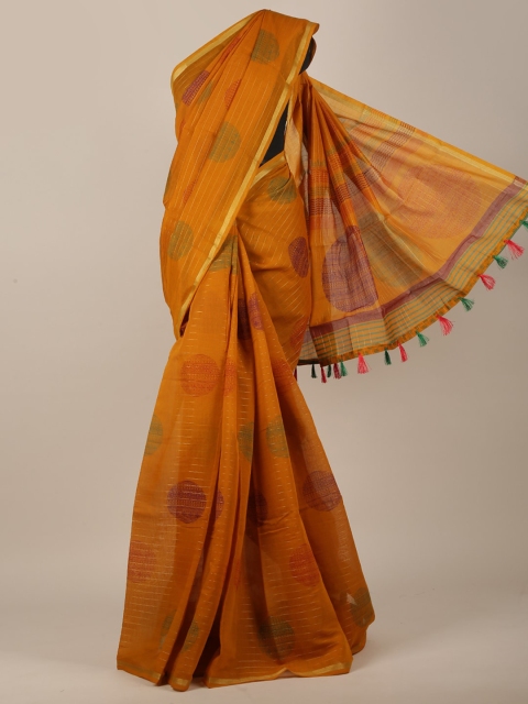 

Pothys Mustard & Gold-Toned Cotton Blend Ethnic Motifs Printed Saree