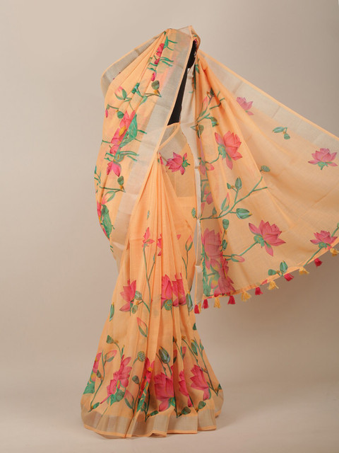 

Pothys Peach-Coloured & Silver-Toned Cotton Blend Floral Printed Saree