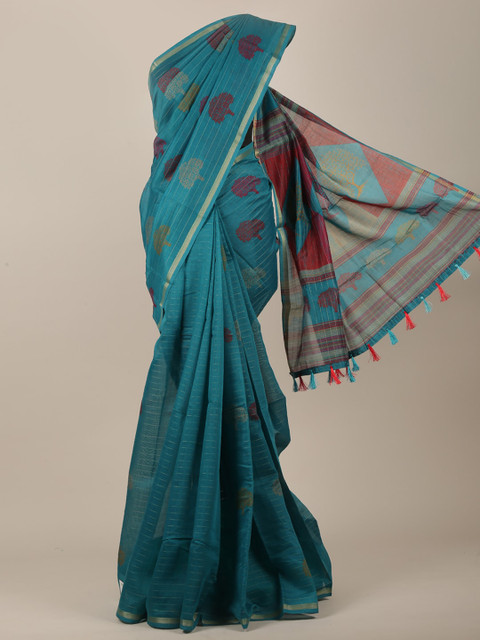 

Pothys Blue & Silver-Toned Cotton Blend Floral Printed Saree