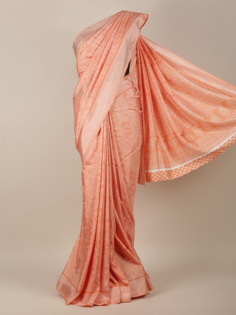 

Pothys Peach-Coloured & White Cotton Blend Paisley Printed Saree