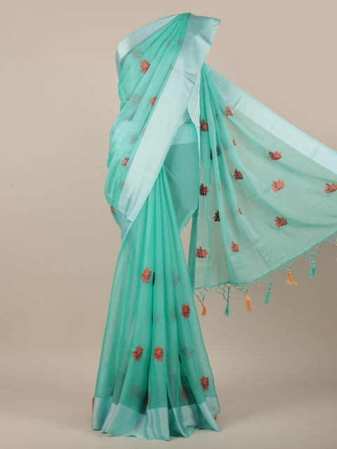 

Pothys Women Blue & Silver-Toned Chiffon Floral Embroidered Saree