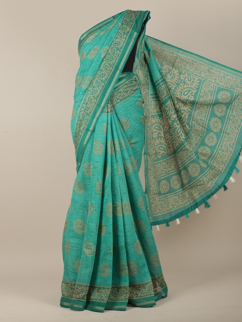 

Pothys Women Green & Beige Cotton Blend Batik Printed Saree