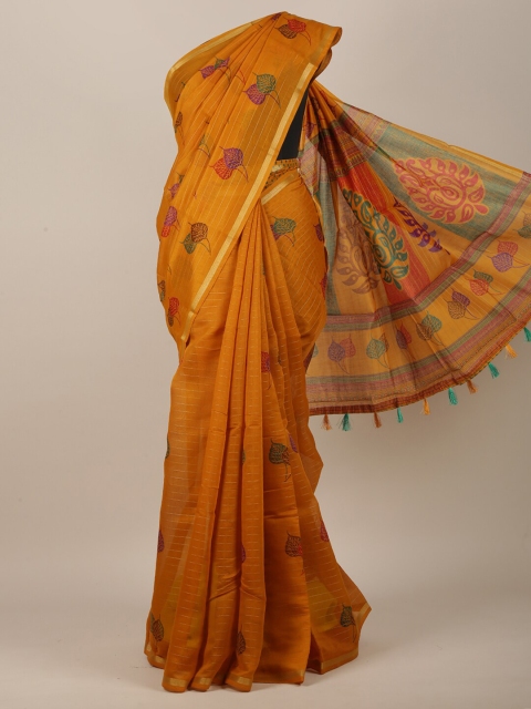 

Pothys Women Mustard & Gold-Toned Cotton Blend Floral Printed Saree