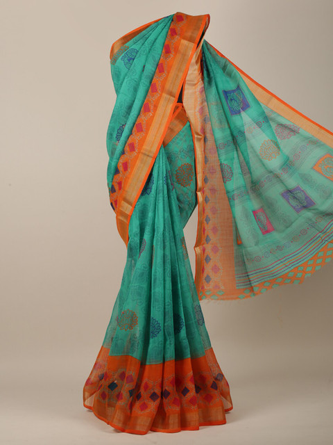 

Pothys Women Green & Orange Cotton Blend Ethnic Motifs Printed Saree