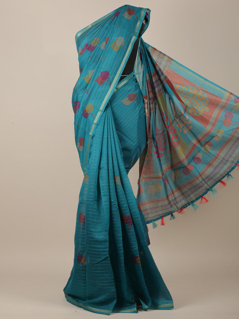 

Pothys Women Blue & Gold-Toned Cotton Blend Floral Printed Saree
