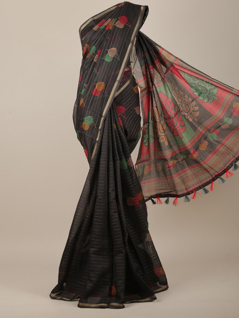 

Pothys Women Grey & Gold-Toned Cotton Blend Floral Printed Saree