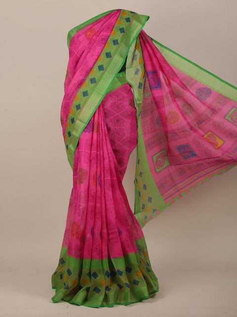 

Pothys Women Pink & Green Cotton Blend Ethnic Motifs Printed Saree