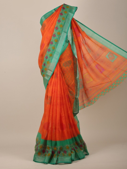 

Pothys Women Orange & Green Cotton Blend Ethnic Motifs Printed Saree