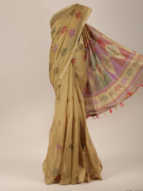 

Pothys Women Cream-Coloured & Gold-Toned Cotton Blend Floral Printed Saree