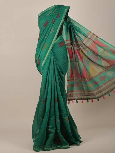 

Pothys Women Green & Gold-Toned Cotton Blend Floral Printed Saree