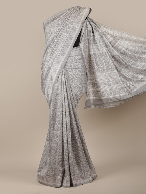 

Pothys Women Grey & White Cotton Blend Floral Printed Saree