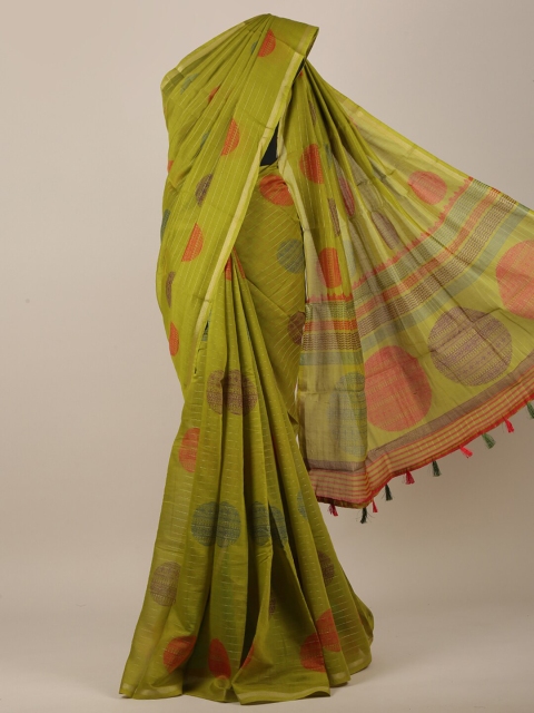 

Pothys Women Green & Gold-Toned Cotton Blend Ethnic Motifs Printed Saree