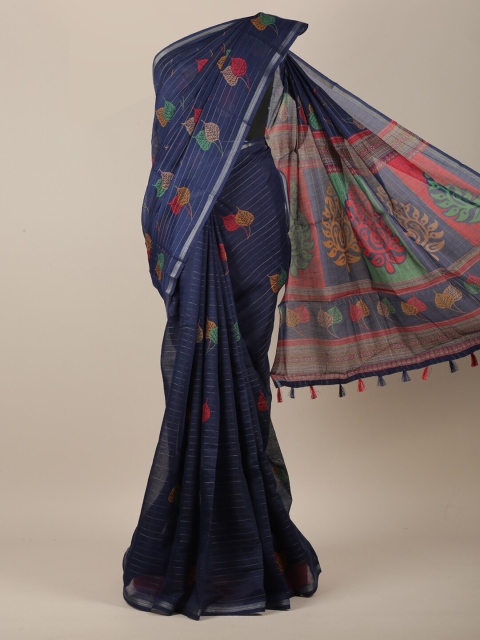 

Pothys Women Navy Blue & Silver-Toned Cotton Blend Floral Printed Saree