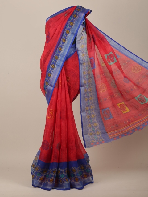 

Pothys Women Red & Blue Cotton Blend Ethnic Motifs Printed Saree