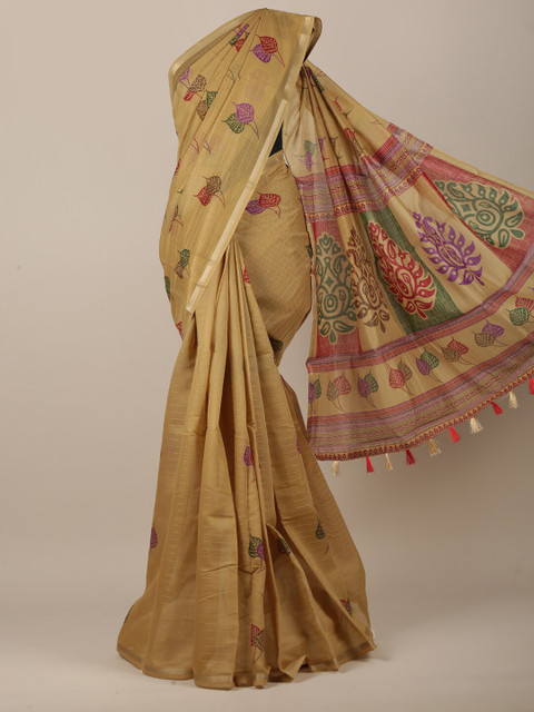 

Pothys Cream-Coloured & Gold-Toned Cotton Blend Floral Printed Saree