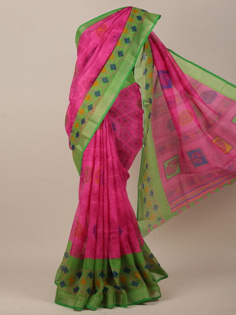 

Pothys Women Pink & Green Cotton Blend Ethnic Motifs Printed Saree