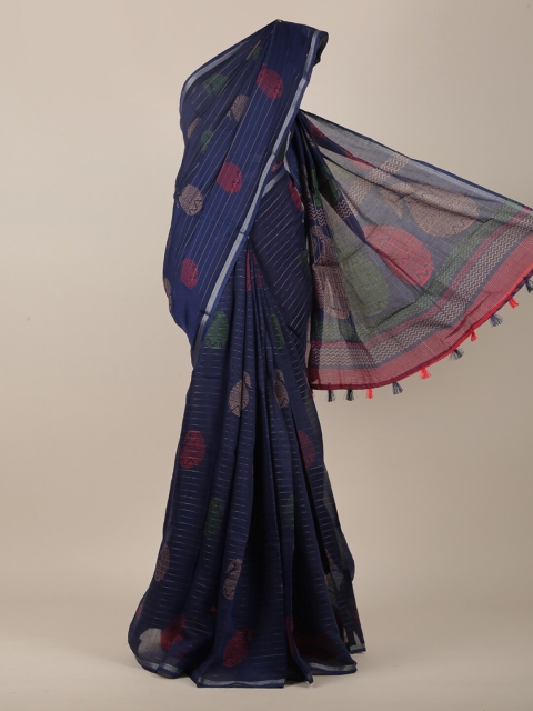 

Pothys Navy Blue & Silver-Toned Cotton Blend Ethnic Motifs Printed Saree
