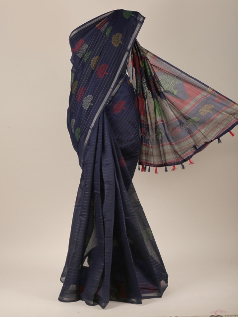 

Pothys Women Navy Blue & Silver-Toned Cotton Blend Floral Printed Saree