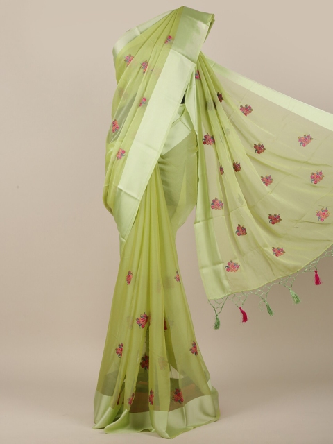 

Pothys Women Green & Silver-Toned Chiffon Floral Embroidered Saree